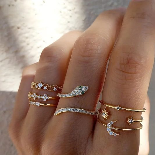 Boho Gold Color Snake Zircon Rings Set For Women Vintage Pearl Geometric Star Hollow Ring New Trendy Party Jewelry Gifts