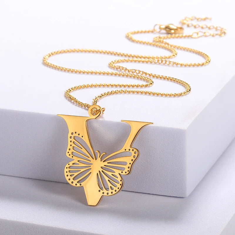 Dainty Big Butterfly Letters Necklaces For Women Girl Jewelry Stainless Steel Chain Initial Pendant Necklace Best Accessories