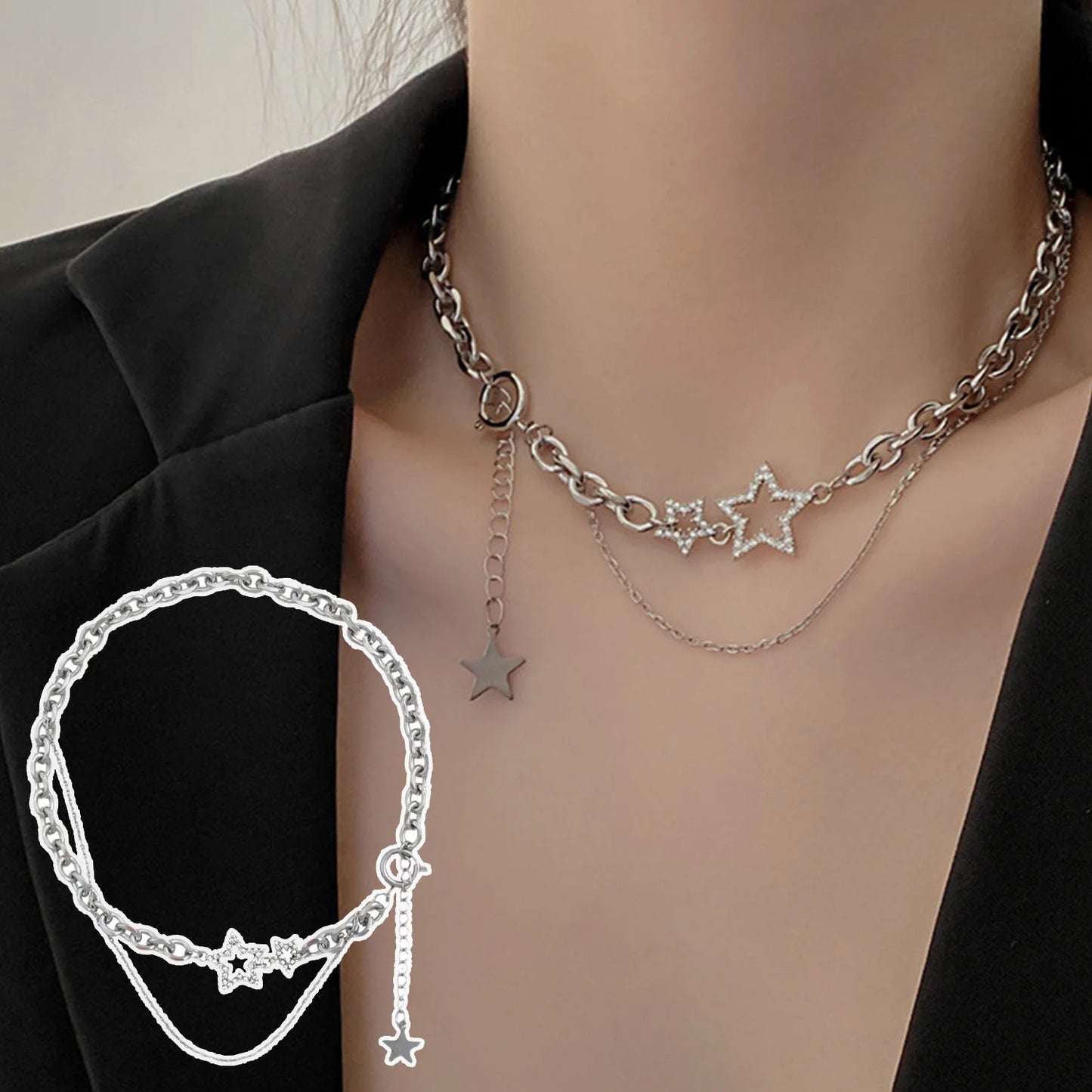 Y2K Star Zircon Pendant Necklace for Women Luxury Sweet Cool Girl Punk Heart Clavicle Chain 2024 New Fashion Jewelry Party Gift