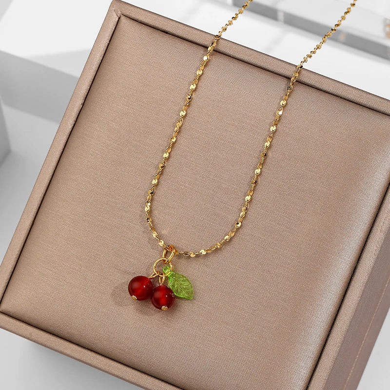 Lovely cherry fruit necklace stainless steel fashion student jewelry necklace for girls ladies gift