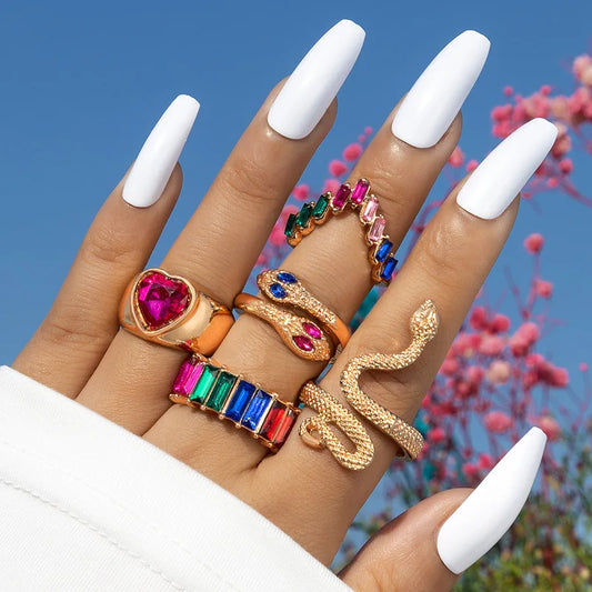 Colorful Crystal Snake Shape Ring Set For Women Fashion Butterfly Heart Gold Color Geometric Rings Female Wedding Finger Jewelry