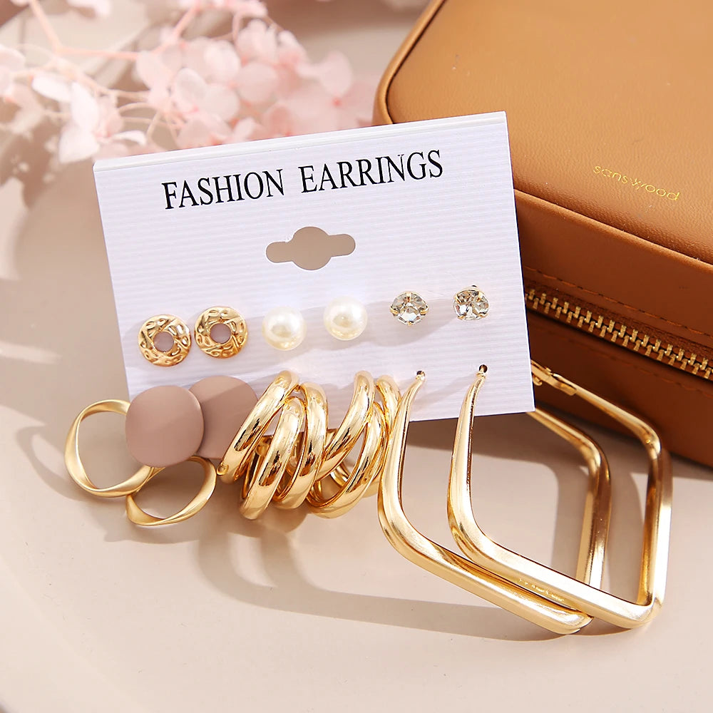 Vintage Gold Plated Earrings Set Metal Pearl Heart Twist Geometric Hollow Hoop Earrings For Woman 2024 Fashion Jewelry Gifts