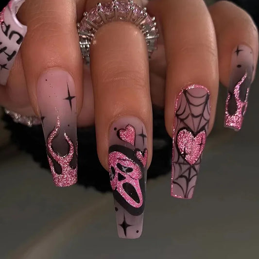 Scream 24pcs Glitter Pink Sequin Fake Nail Patch Scary Skull Love Heart Pattern Artificial Nails Full Cover Wearable Halloween Gifts