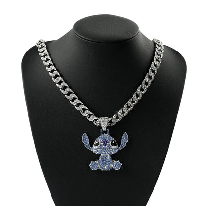 Disney Stitch Full Rhinestones Hip Hop Necklaces Anime Lilo & Stitch Pendant Rock Necklace Fashion Jewelry Neck Chain Gifts