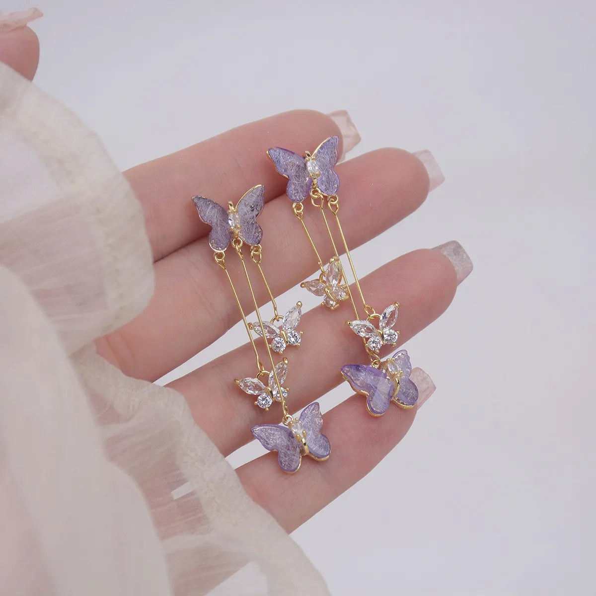 925 Silver Needle Purple Butterfly Long Tassel Earrings For Women Jewelry 2024 Trending Korean Fashion Luxury Crystal Earrings