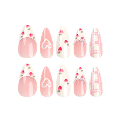 Sweet Strawberry Press on Nails French Pearl Design Almond False Nails Girl Gifts Detchable Full Cover Korean Fake Nail Patches