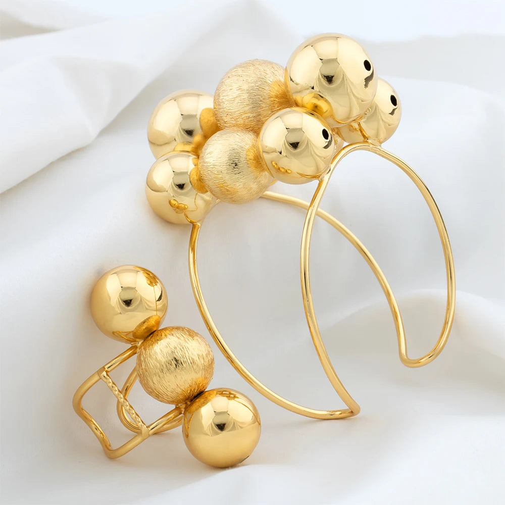 Fashion Cuff Bracelet with Rings Dubai Gold Color Round Beads Bangles 2PCS Butterfly Jewelry Sets African Bridal Wedding Gifts