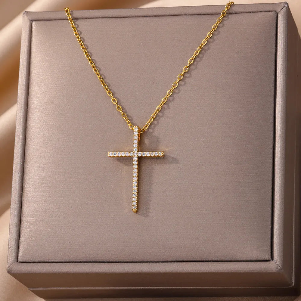 Zircon Cross Pendant Necklace for Women Gold Color Stainless Steel Collar Neckalces 2024 Trend Goth Jewelry Gifts free shipping