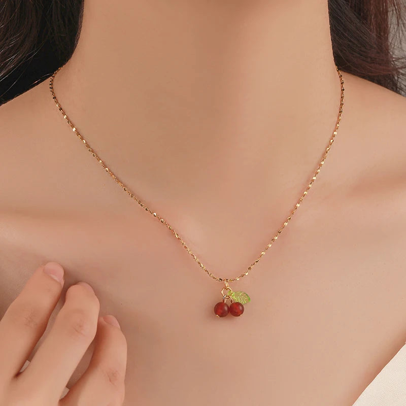 Lovely cherry fruit necklace stainless steel fashion student jewelry necklace for girls ladies gift