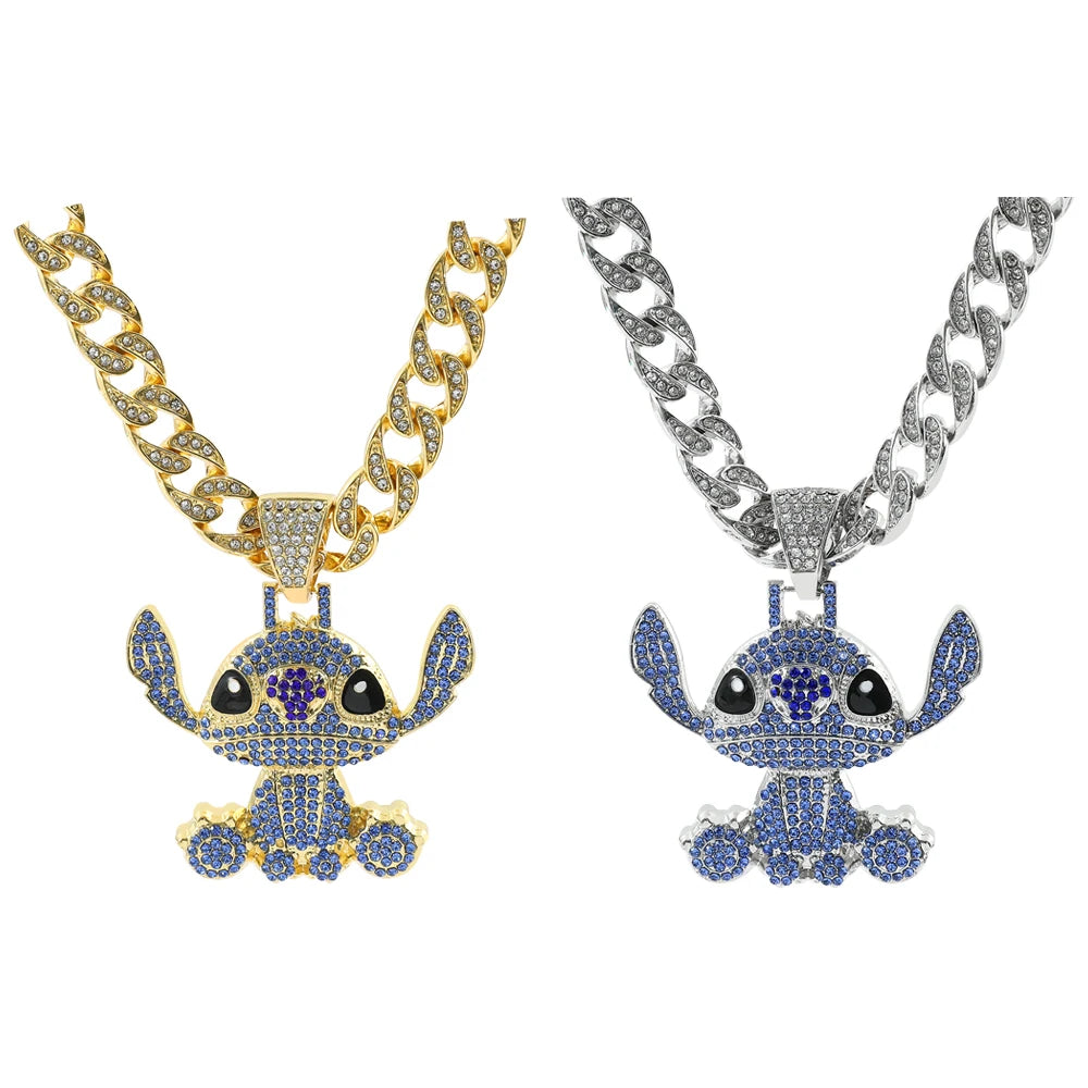 Disney Stitch Full Rhinestones Hip Hop Necklaces Anime Lilo & Stitch Pendant Rock Necklace Fashion Jewelry Neck Chain Gifts