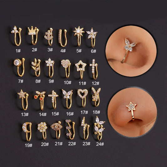 Fake Piercing Clip Nose Ring Cuff Body Jewelry for Women New Trend 1PCS Ear Cuffs Heart Star Flowers Butterfly Clip Rings KAE197