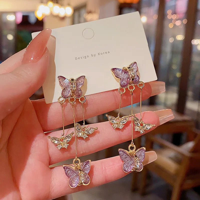 925 Silver Needle Purple Butterfly Long Tassel Earrings For Women Jewelry 2024 Trending Korean Fashion Luxury Crystal Earrings