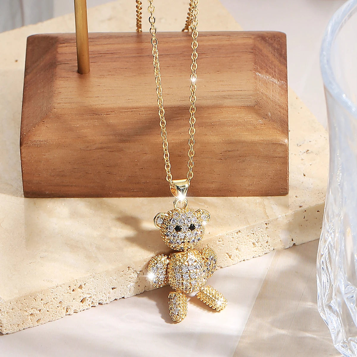 10 Colors Stainless Steel Cute Bear Pendant Necklace Design Pave Setting Zircon Copper Collares Gold-chain Valentine's Day Gift