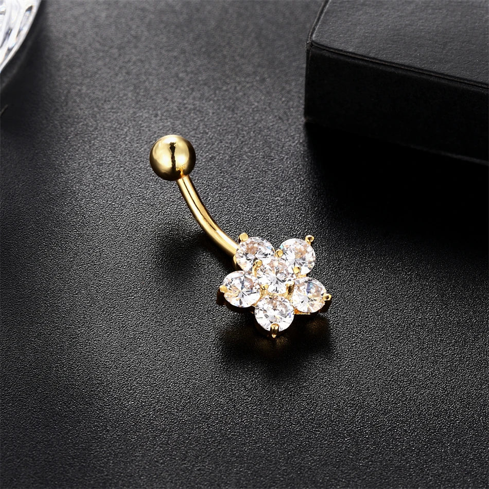 Gold Color Stainless Steel Belly Button Ring CZ Zircon Flower Butterfly Cross Heart 14G 10mm Barbell Navel Piercing Body Jewelry