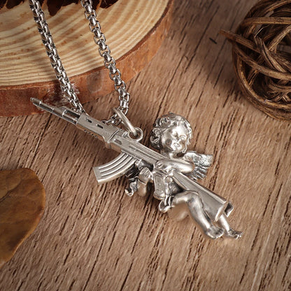 Vintage Unique Peace and War Angel Ak-47 Pendant Necklace for Men Women Fashion Street Punk Hip Hop Statement Jewelry Gift