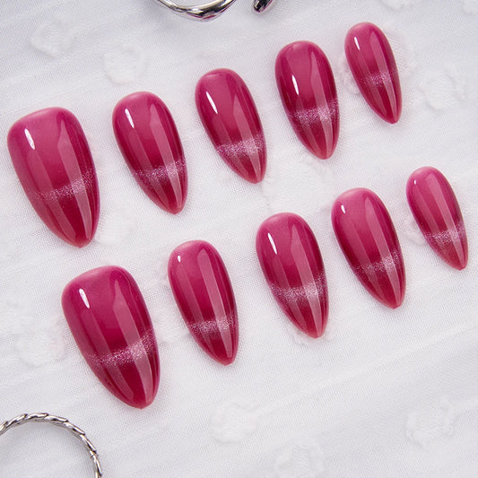 Artificial Nail French Cat Eyes Red Nails Set Long/Short Press on Nails Handmade Acrylic Reusable Fake Nails with Glue Stick-on