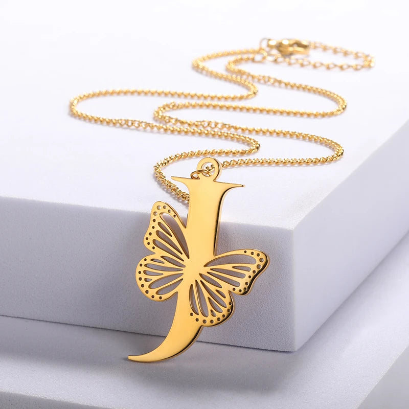 Dainty Big Butterfly Letters Necklaces For Women Girl Jewelry Stainless Steel Chain Initial Pendant Necklace Best Accessories