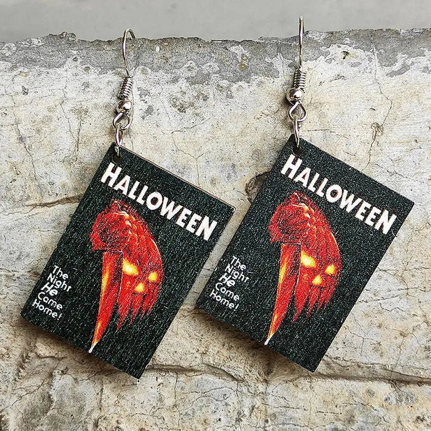 Halloween Horror Fiction Wood Book Cover Earrings for Women 2022 Newest Unique Halloween Jewelry Wholesale