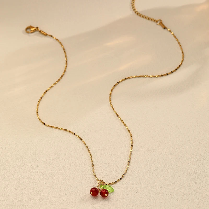 Lovely cherry fruit necklace stainless steel fashion student jewelry necklace for girls ladies gift