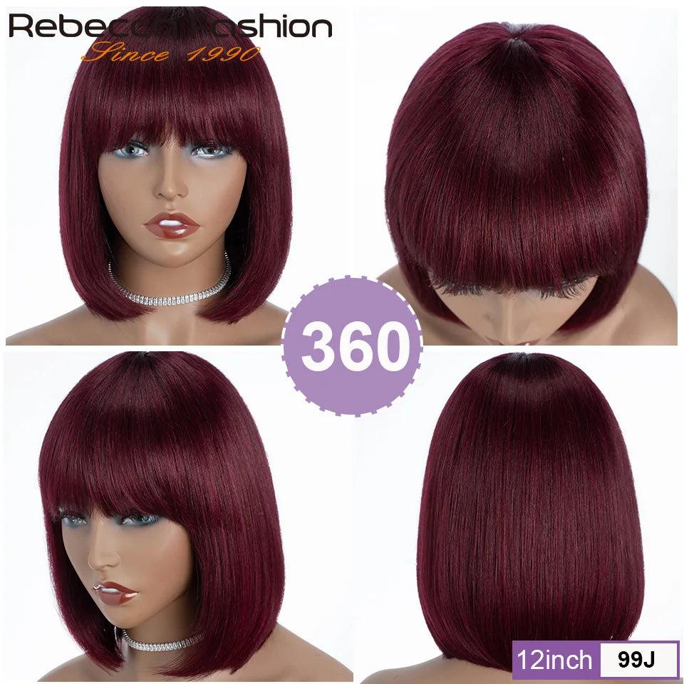 99J Colored Short 180D Straight Brazilian Human Hair Bob Wigs with Bangs Remy Full Machine Made for Women Hightlight Burgundy