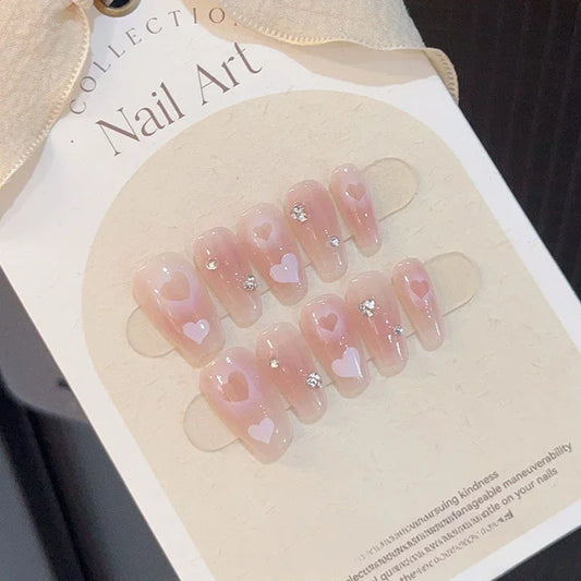 10PCS acrylic press on fake nails long pink ballet Sweet girly simple pink ins style handmade diamond false nails with glue