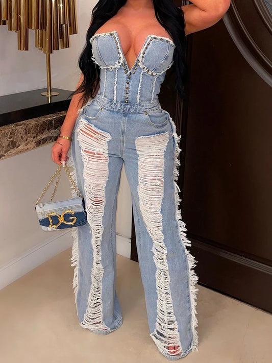 Y2K Strapless Denim Jumpsuit Women Hollow Tassel Summer V-Neck Zipper Streetwear Sexy Elegant Skinny Overalls