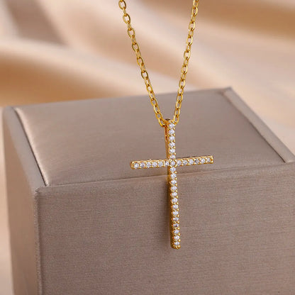 Zircon Cross Pendant Necklace for Women Gold Color Stainless Steel Collar Neckalces 2024 Trend Goth Jewelry Gifts free shipping