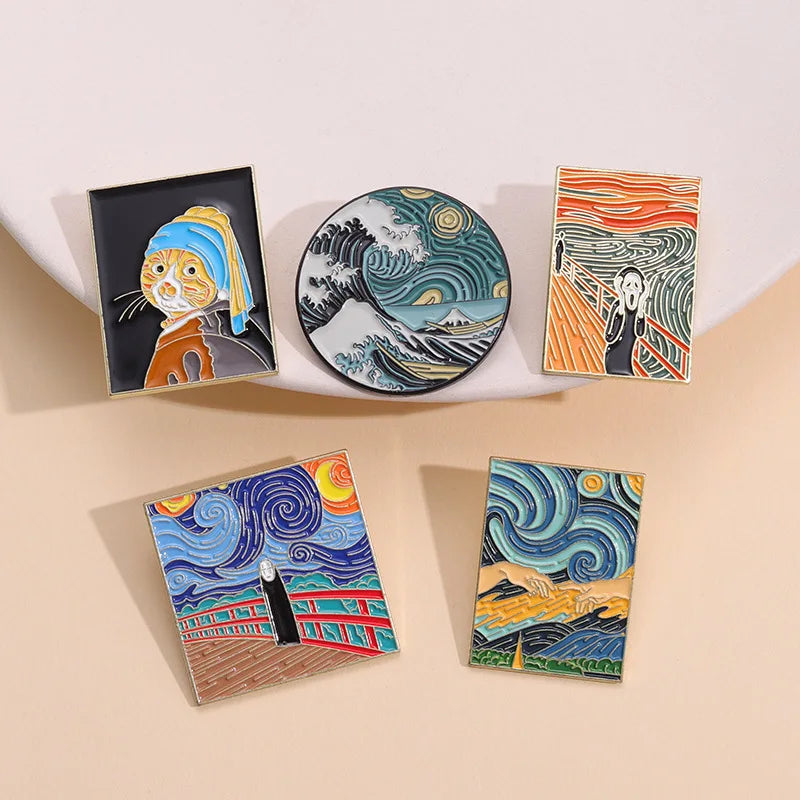 Fun Van Gogh Oil Painting Enamel Pins Custom Starry Night Scream No-face Man Wave Brooch Lapel Badge Art Jewelry