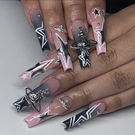 y2k Nails Five-pointed Star Pattern False Nails Halloween Style Long Coffin Ballet Press on Nails For Girl Full Cover Wearable