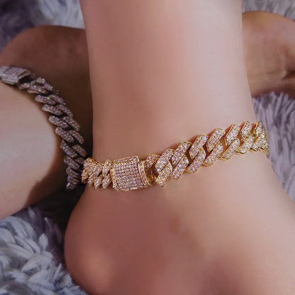 Flatfoosie Hip Hop Iced Out Chunky Cuban Chain Anklets For Women Luxury Rhinestone Link Ankle Bracelet Beach Barefoot Jewelry