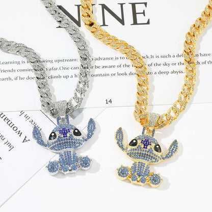 Disney Stitch Full Rhinestones Hip Hop Necklaces Anime Lilo & Stitch Pendant Rock Necklace Fashion Jewelry Neck Chain Gifts