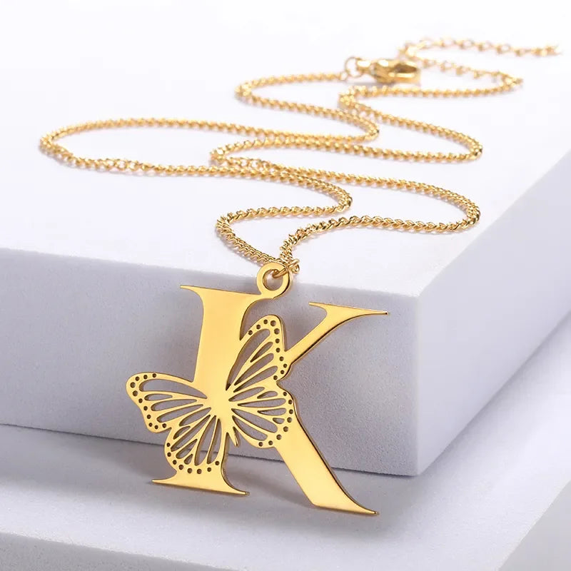 Dainty Big Butterfly Letters Necklaces For Women Girl Jewelry Stainless Steel Chain Initial Pendant Necklace Best Accessories