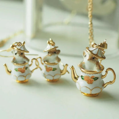 Cute and Romantic Cartoon Teacup Chipmunk Pendant Necklace for Women Luxury Enamel Mouse Dangle Earring Jewelry Set Accessories