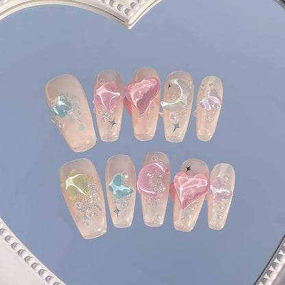 10Pcs Long Blusher Handmade Press On Nails Gradient Fake Nail Full Cover Moon Heart Design Artificial Manicure Wearable Nail Tip