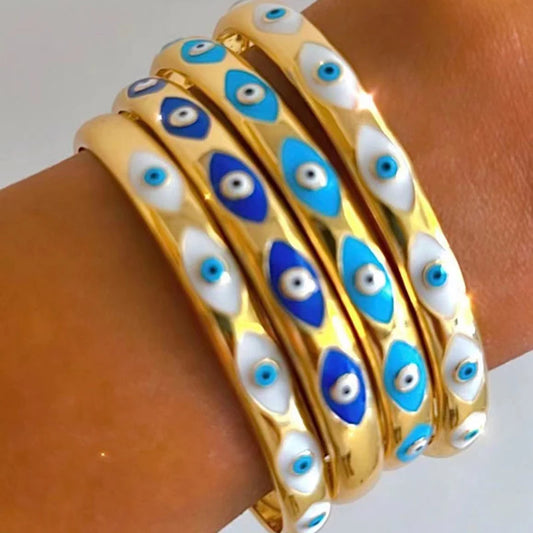 Vintage Stainless Steel Boho Enamel Evil Eye Bangles Bracelets for Women Men Classic Colorful Eyes Open Cuff Bangles Jewelry