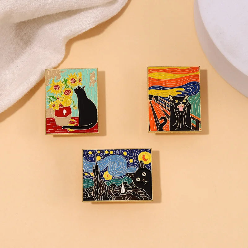 Fun Van Gogh Oil Painting Enamel Pins Custom Starry Night Scream No-face Man Wave Brooch Lapel Badge Art Jewelry