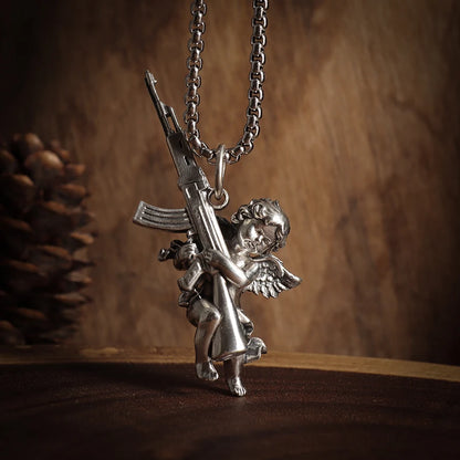 Vintage Unique Peace and War Angel Ak-47 Pendant Necklace for Men Women Fashion Street Punk Hip Hop Statement Jewelry Gift