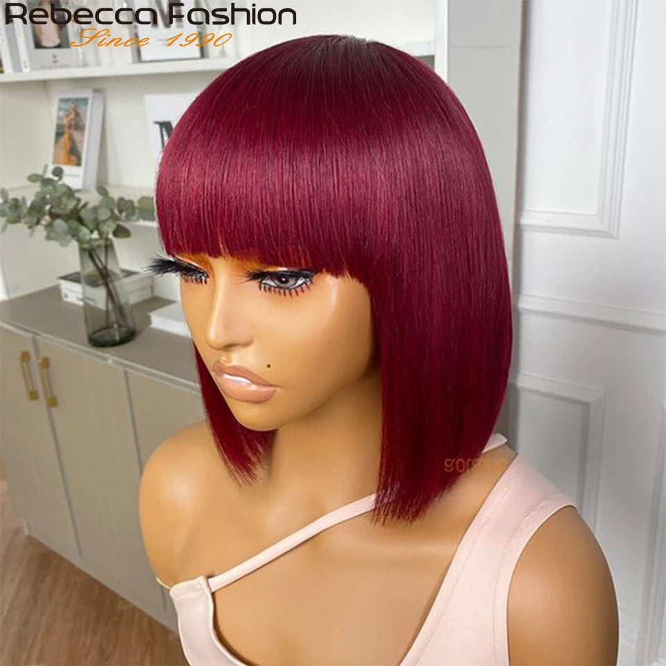 99J Colored Short 180D Straight Brazilian Human Hair Bob Wigs with Bangs Remy Full Machine Made for Women Hightlight Burgundy