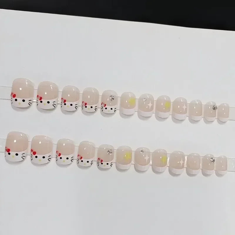 Sanrios Nails Kitty Fresh Cute Korean Fake Nail Tips Girl Wearing Kawaii Short Cartoon Acrylic Press on Nail