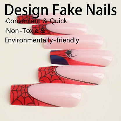 Spiderman 24pcs Halloween Spider Fake Nail Patch Printed French Coffin Ballet Fake Nail Wearable Full Cover Artificial Nail Tips