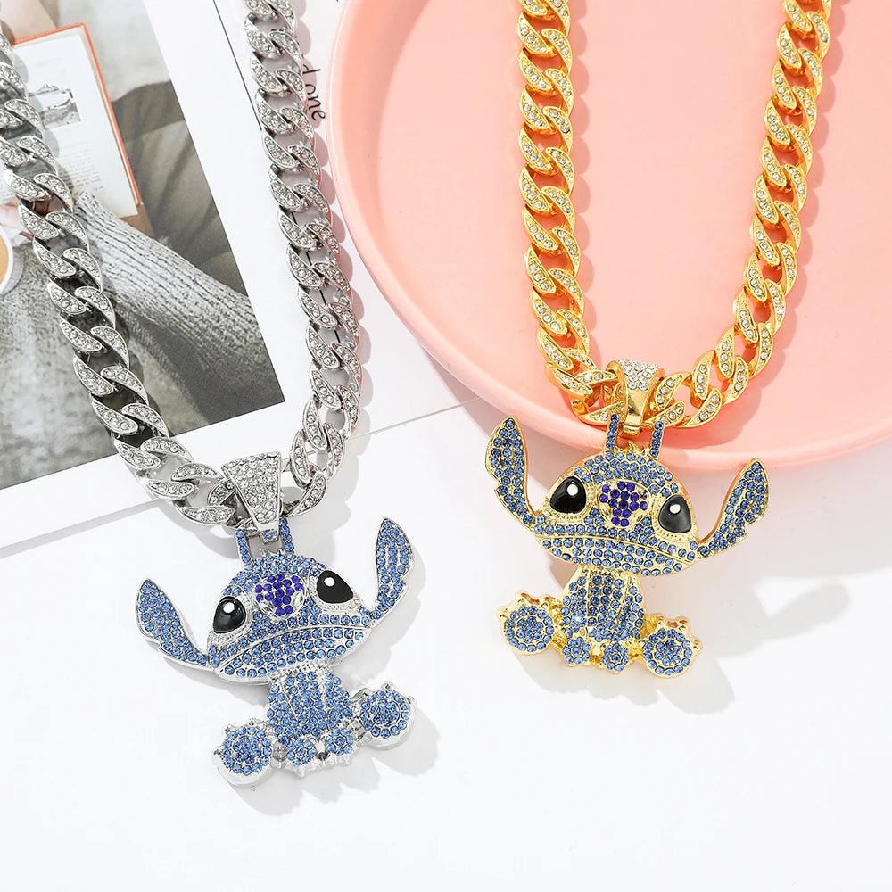 Disney Stitch Full Rhinestones Hip Hop Necklaces Anime Lilo & Stitch Pendant Rock Necklace Fashion Jewelry Neck Chain Gifts