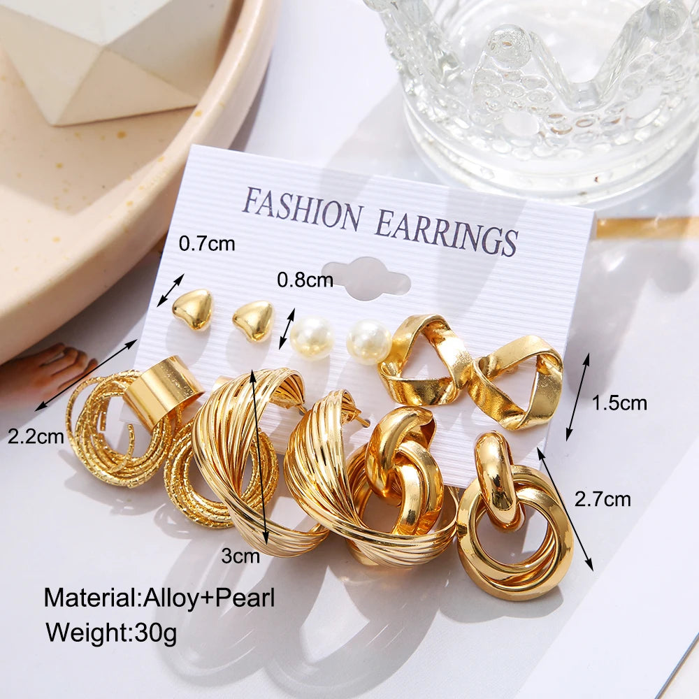 Vintage Gold Plated Earrings Set Metal Pearl Heart Twist Geometric Hollow Hoop Earrings For Woman 2024 Fashion Jewelry Gifts