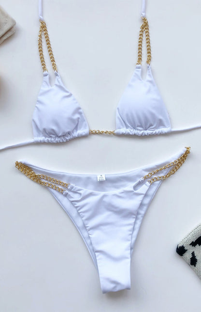 Solid Chain Split Bikini Swimsuit