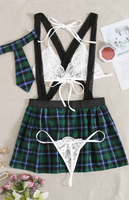 Plaid Skirt Sexy Babydoll Lace 4 Piece Lingerie Role Play Set