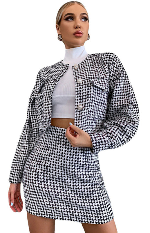 Houndstooth High Waist Skirt and Jacket Two Piece Set