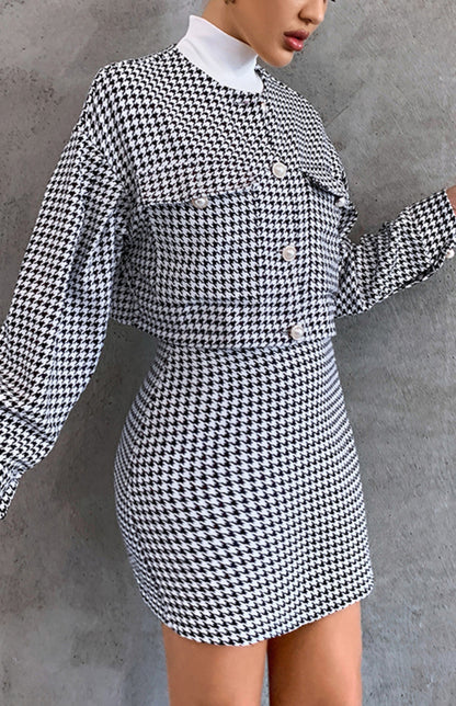 Houndstooth High Waist Skirt and Jacket Two Piece Set