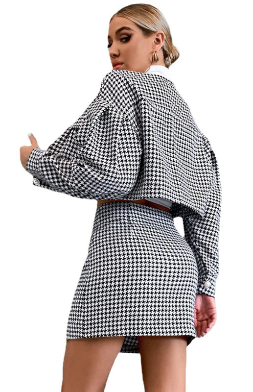 Houndstooth High Waist Skirt and Jacket Two Piece Set