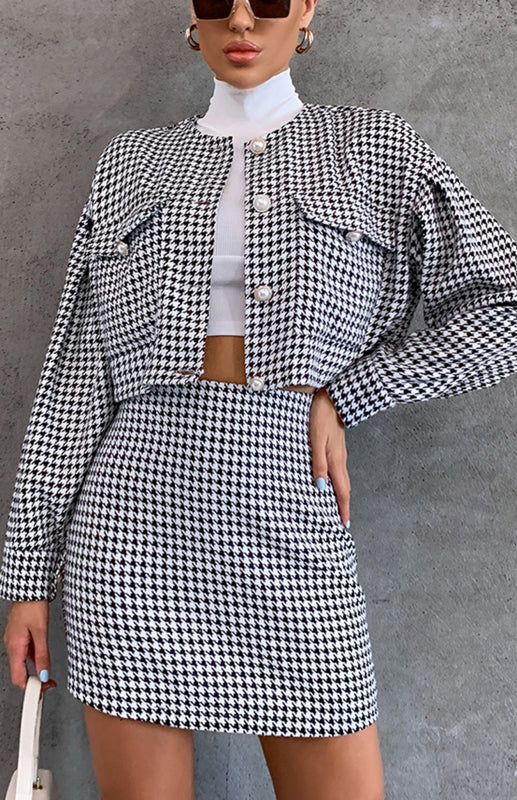 Houndstooth High Waist Skirt and Jacket Two Piece Set