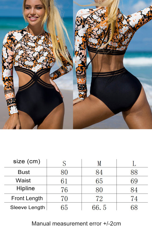 Long Sleeve Printed Cutout One Piece Swimsuit