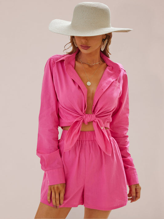 Solid Lapel long-sleeved top + shorts two-piece set